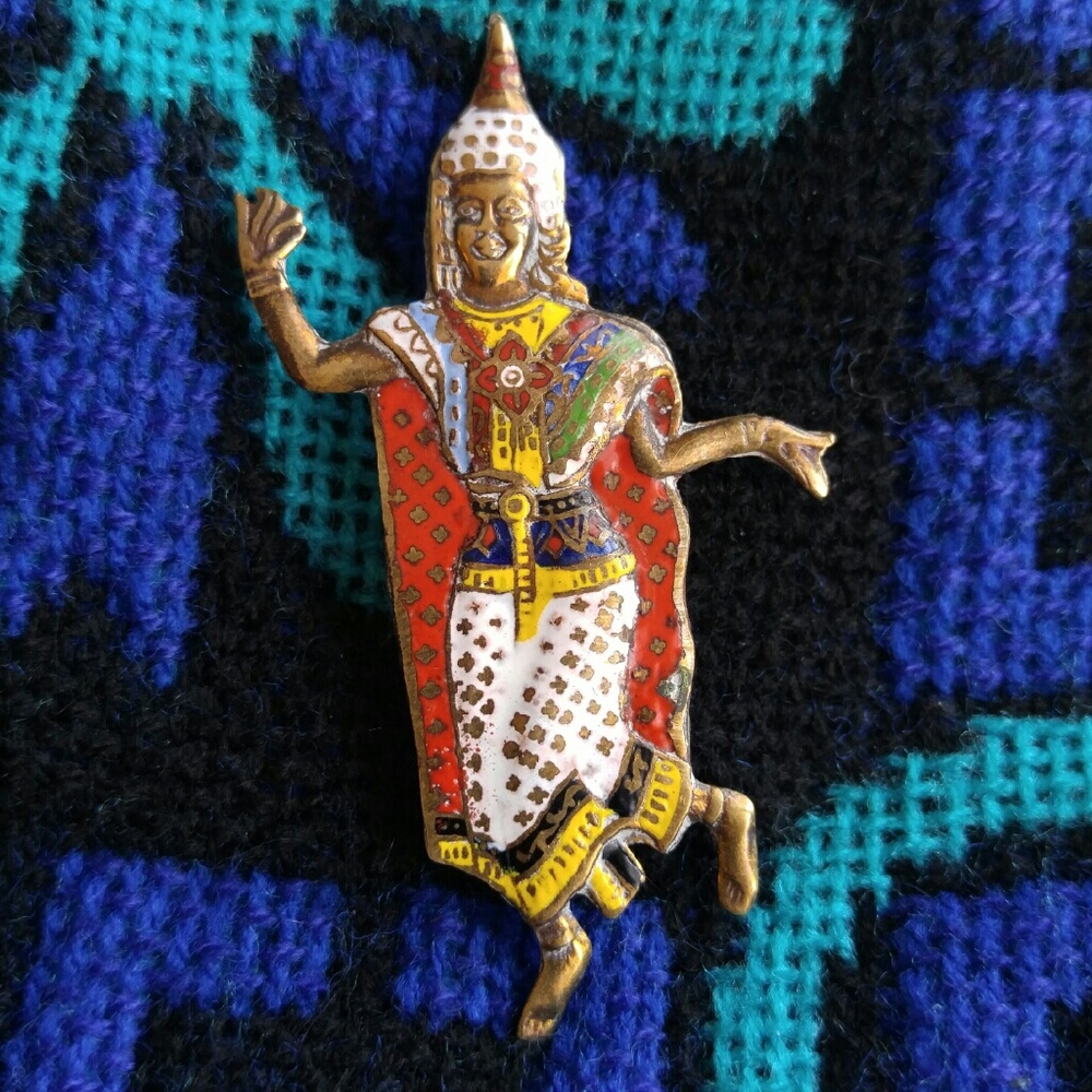 Vintage Siam Dancer brooch Enamel gold tone pin princess goddess